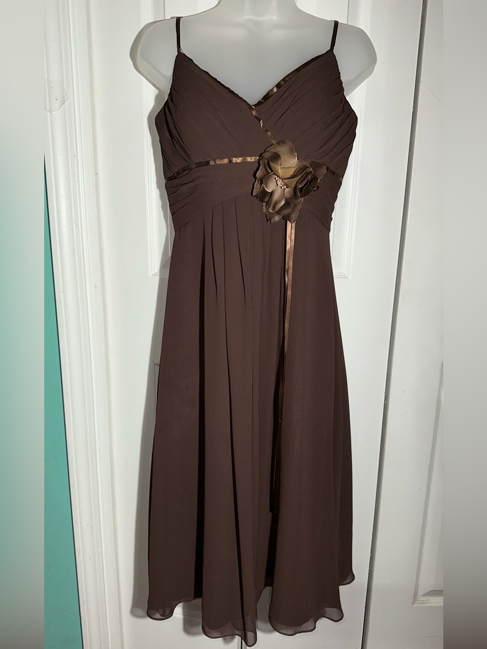 Y2K Brown Chiffon Dress Sz 10 Evening Bridal Sleeveless Prom Party Flower AA22